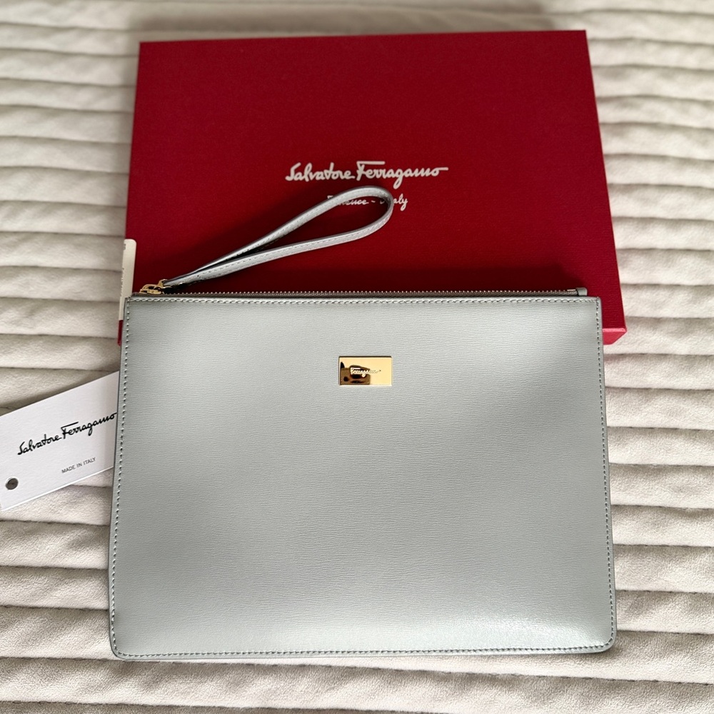 Ferragamo Leather Clutch Wristlet Gray Calfskin Gold Hardware Authentic Large